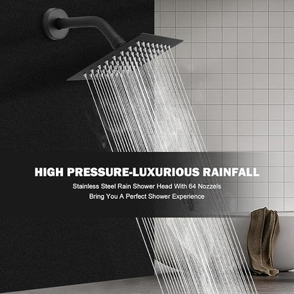 NearMoon Rain Shower Head, High Flow Stainless Steel Square Rainfall Shower, High Pressure Design, Awesome Shower Experience Even At Low Water Flow (6 Inch, Matte Black)