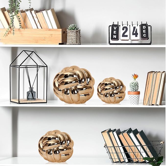 Wenqik 3 Pcs Gold Knot Decor, Link Coffee Table Bookshelf Decor Accents, Ceramic Decorative Objects, Modern Home Aesthetic Minimalist Book Shelf Decoration,3 Sizes