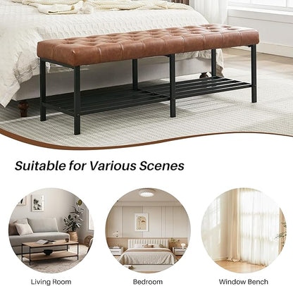 55.5" End of Bed Bench, Modern Leather Button Tufted Bedroom Bench, Upholstered Storage Shoe Bench with Metal Base, Dinning Table Bench for Living Room, Bedroom, Entryway,Brown
