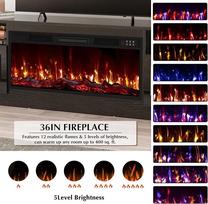 LEMBERI 70" Fireplace TV Stand for TVs up to 80", 36" Electric Fireplace 750W/1500W Entertainment Center with 20-Color LED, 300lbs Max Capacity High Gloss Storage Cabinet Console, Black