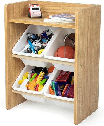 Humble Crew 4-Bin Storage End Table – Nightstand with Natural Wood Frame & White Plastic Bins, 2-Tier Organizer with Shelf for Bedrooms, Dorms & Small Spaces