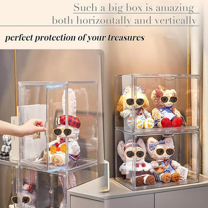 Attelite XXX-Large Clear Display Case Stackable Plastic Storage Bins with Lid, 2 Tiers Boot Shoe Box Organizers with an Adjustable Divider, Big Acrylic Display Storage Box with Magnetic Door