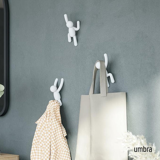 Umbra Buddy Wall Hooks – Decorative Wall Mounted Coat Hooks for Hanging Coats, Scarves, Bags, Purses, Backpacks, Towels and More, Set of 3, White