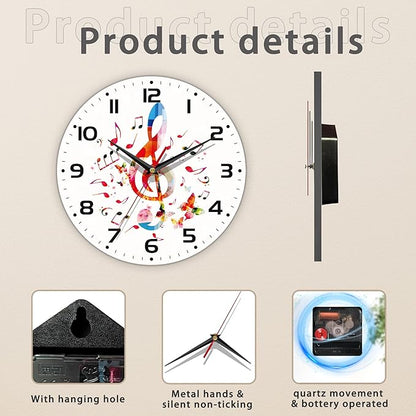 Clock for Living Room, Colorful Music Notes Wall Clock, Contemporary Home Decor Easy to Read Wall Clock for Living Room, Bedroom, Bathroom and Kitchen, 10 Inch