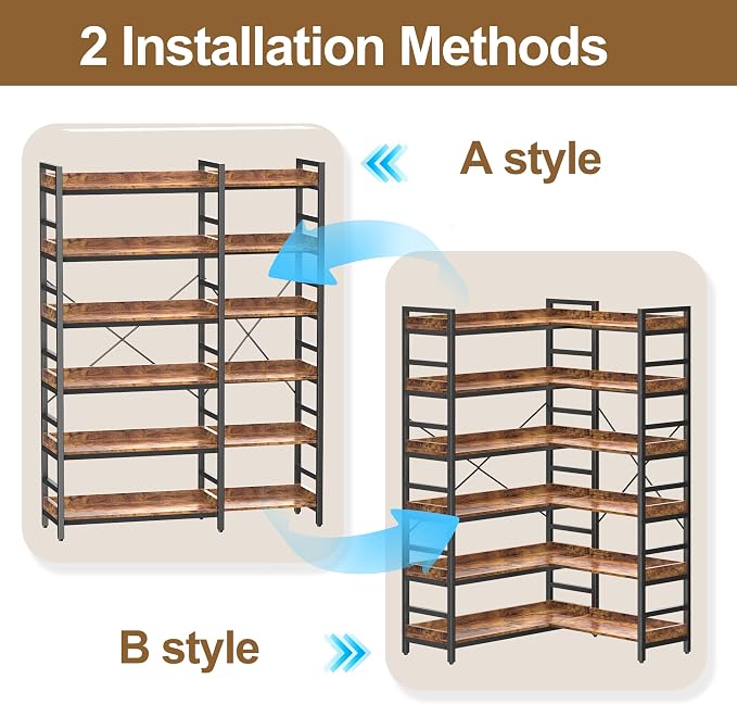 HCHQHS Adjustable Book Shelf with 8 Hooks, Reversible Corner Bookshelf, Industrial Wooden and Metal Bookcase for Living Room, Bedroom, Home Office (Rustic Brown, 6 Tier)