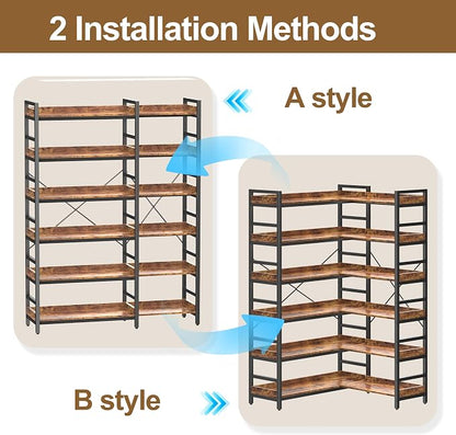 HCHQHS Adjustable Book Shelf with 8 Hooks, Reversible Corner Bookshelf, Industrial Wooden and Metal Bookcase for Living Room, Bedroom, Home Office (Rustic Brown, 6 Tier)