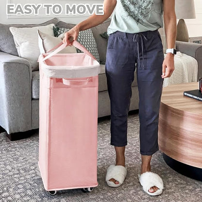 CHICVITA 100L Slim Laundry Hamper with Wheels, Collapsible Rolling Laundry Basket for Living Room, Pink Laundry Hamper for College Dorm