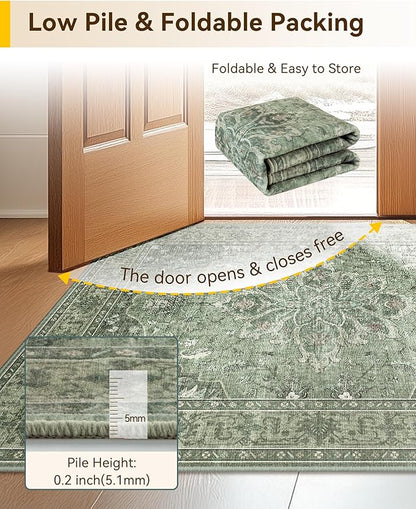 RELEANY Area Rugs 3'x5' Washable Non-Slip, Floral Vintage Distress Medallion Carpet for Living Room Bedroom Dining Room, Dark Green Gray