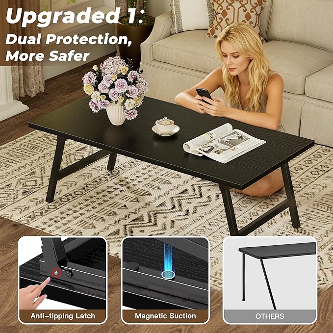 Folding Coffee Table, 39.4” Portable Floor Table Desk for Sitting on The Floor, No Assembly Low Coffee Table for Living Room, Home, Caravan and Camping, Large 39.4Lx19.7Wx15.8H, Black