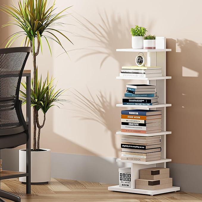 TUTOTAK Narrow Bookshelf, 6-Tier Bookcase, Spine Book Shelf for Small Space, Corner Standing Shelf for Living Room, Office, Study, Entryway, White BS06BW016