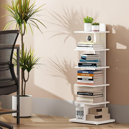 TUTOTAK Narrow Bookshelf, 6-Tier Bookcase, Spine Book Shelf for Small Space, Corner Standing Shelf for Living Room, Office, Study, Entryway, White BS06BW016