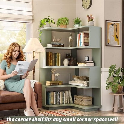 Armocity Corner Book Shelf - 5 Tier Corner Bookshelf Etagere Bookcase with Baffle, Freestanding L Shaped Display Shelf Stand for Home Office, Living Room, Bedroom, Kitchen, Crab Green