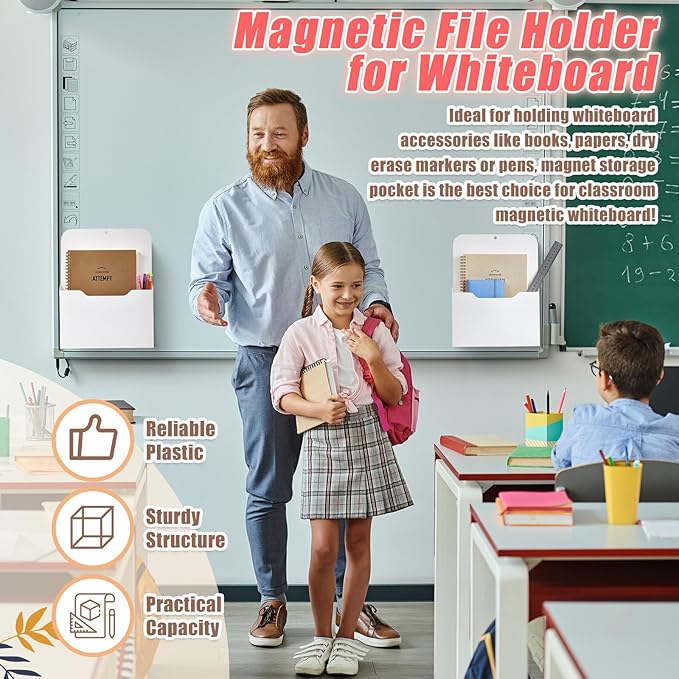 Epakh 6 Pack Magnetic File Holder Magnetic Paper Holder Organizer Wall Mounted Mail Magazine Storage Pockets for First Day of School Supplies, Refrigerator, Whiteboard, Office, Classroom(White)
