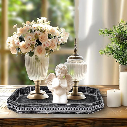 CedarLux Decorative Coffee Table Serving Tray, Long Octagonal Black Wood Tray with Wooden Bead, Farmhouse Big for Ottoman Table, Countertop, Home Decor, 16.5"x13"x1.6" (Retro Black)