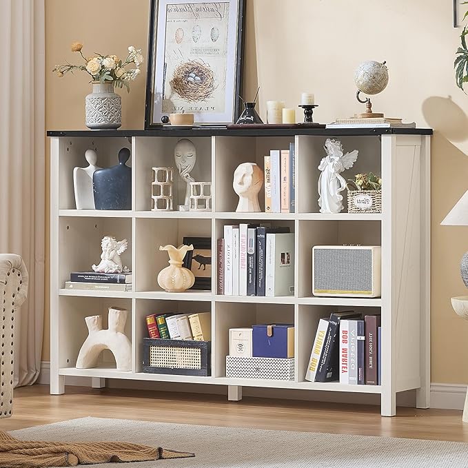 12 Cube Storage Organizer, Farmhouse 62 Inch Warm White Display Bookshelf, Wooden 3 Tier Large Open Book Shelf, Modern Bookcase for Home Office, Rustic Cubby Cabinet for Living Room, Bedroom