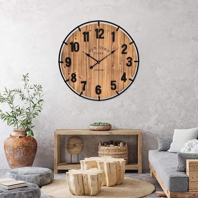 MICWIC 30 Inch Farmhouse Wall Clock Large Old Town Vintage Rustic Wooden Clock with Metal Rim and Large Numerals, Silent Battery-Operated for Office, Kitchen, Bedroom, and Living Room