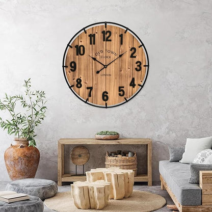 MICWIC 30 Inch Farmhouse Wall Clock Large Old Town Vintage Rustic Wooden Clock with Metal Rim and Large Numerals, Silent Battery-Operated for Office, Kitchen, Bedroom, and Living Room
