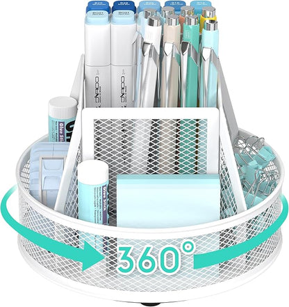 YINGHUA Metal Mesh Desk Organizer with 5 Compartments and Rotating Pencil Holder Pen and Stationery Organizer for Office Home School Anti Slip Base White