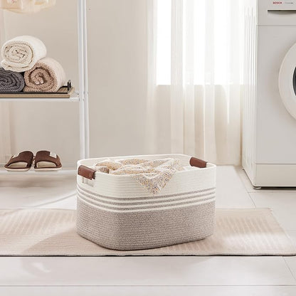 SunNewt 45L Small Laundry Basket with Leather Handles for Living Room Storage, Woven Rope Baskets Bin for Blanket, Kids Toy, Gifts, Wicker Hamper for Bedroom Dirty Clothes, 18"x14"x11" White Brown