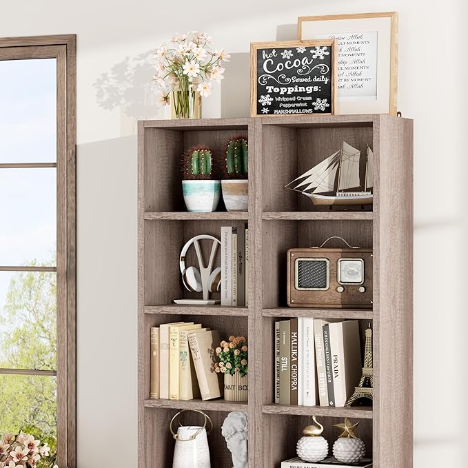 FOTOSOK 8-Tier Media Tower Rack, 11.6 X 9.3 X 70.9 Inches CD DVD Slim Storage Cabinet with Adjustable Shelves, Tall Narrow Bookcase Display Bookshelf for Home Office, Oak