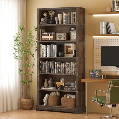 TVU 6-Tier Wooden Book Shelf, Floor-Standing Display Bookcase, 77.2" H x 31.5" W x 11" D Bookshelf, Farmhouse Style Book Case with Arched Base, Suitable for Living Room, Study, Office, Rustic Brown