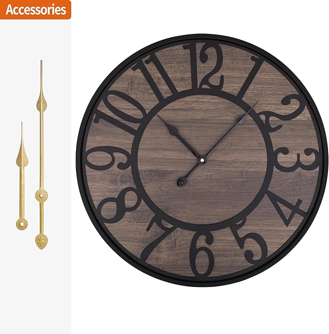 LEIKE Large Wall Clocks for Living Room,Non Ticking Silent,Battery Operated Big Round Modern Wood Wall Clock for Bedroom,Farmhouse,Office,Vintage Home Decor-24 Inch/60CM-Black-Arabic Number