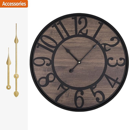 LEIKE Large Wall Clocks for Living Room,Non Ticking Silent,Battery Operated Big Round Modern Wood Wall Clock for Bedroom,Farmhouse,Office,Vintage Home Decor-24 Inch/60CM-Black-Arabic Number