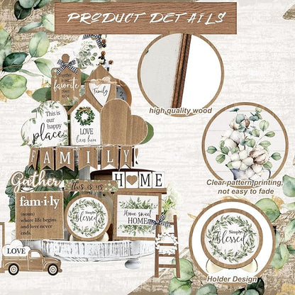 Yaomiao 21 Pcs Farmhouse Tiered Tray Decor Set Rustic Farmhouse Wood Decor Sign Item Vintage Rustic Family Gather Blessed Tiered Tray This is Our Happy Place Sign for Home Kitchen Table Shelf(Leaves)