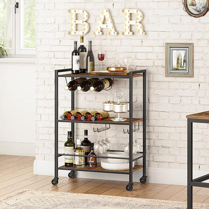 HOOBRO Bar Cart, 3-Tier Coffee Cart with Wheels, Kitchen Cart, Wine Cart with Wine Rack and Glass Holder, Rolling Serving Cart for Home, Living Room, Party, Bar, Rustic Brown and Black BF35TC01G1