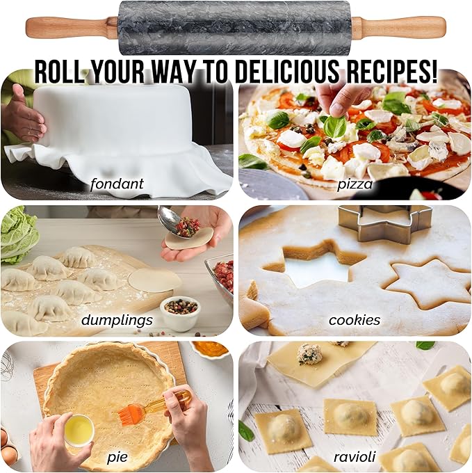 Zulay Kitchen 17-Inch Marble Rolling Pin With Stand - Polished Marble Rolling Pins For Baking - Long Rolling Pin Marble With Beechwood Handle - Non-stick Roller Pin For Baking Pastries, Bread & Pizza
