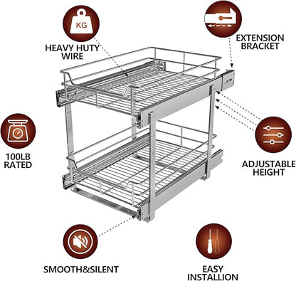 JOWBOOW 2-Tier Pull Out Cabinet Organizer (17.5" W x 22" D), Pull Out Shelves and Drawer for Kitchen Pantry Storage Basket, Heavy-Duty Metal Sliding Shelf, Chrome Finish