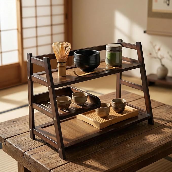 3 Tier Bamboo Matcha Station shelf, coffee station organizer Shelf for Kitchen Countertop, Tea station organizer - Matcha Powder, Tools & Cup Organizer for Matcha Lovers, Home Baristas.
