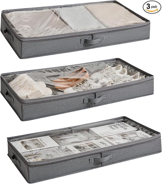 Berdeng 3 Pack Under Bed Storage Containers, Low Profile Underbed Shoes and Clothes Storage Organizer with Sturdy Sidewalls/Bottom, Large Dorm Storage Bins,33 * 17 * 4.5 inches,45L