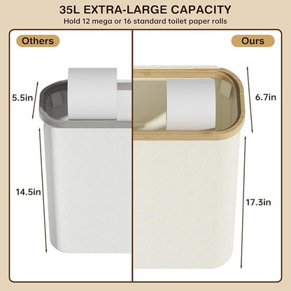 Toilet Paper Storage Basket with Lid and Handle, Foldable Toilet Paper Basket Organizer for Bathroom, Large Capacity Toilet Paper Holder with Storage for 12 Mega or 16 Regular Rolls, Beige