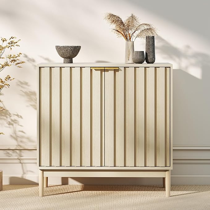 Fluted Cabinet with Storage, Buffet Cabinet Sideborad with 2 Doors, Beige Buffet Storage Accent Cabinets with Adjustable Shelves for Living Room, Entry, Hallway, Kitchen