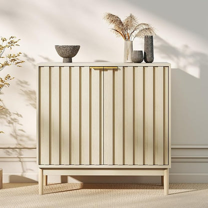 Fluted Cabinet with Storage, Buffet Cabinet Sideborad with 2 Doors, Beige Buffet Storage Accent Cabinets with Adjustable Shelves for Living Room, Entry, Hallway, Kitchen