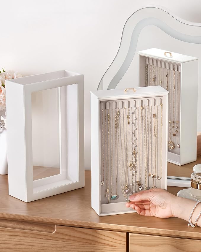Lolalet Upgraded Double-Sided Hanging Necklace Organizer Box, Jewelry Display Case with Double-Sided Clear Window for Necklaces Bracelets, Tangle-Free Necklace Storage Box, White, 1-Layer 20 Hooks
