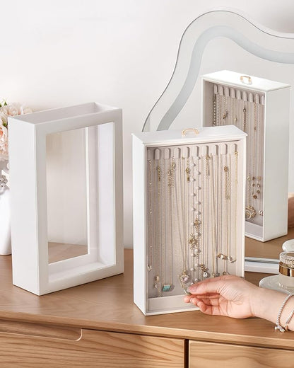 Lolalet Upgraded Double-Sided Hanging Necklace Organizer Box, Jewelry Display Case with Double-Sided Clear Window for Necklaces Bracelets, Tangle-Free Necklace Storage Box, White, 1-Layer 20 Hooks