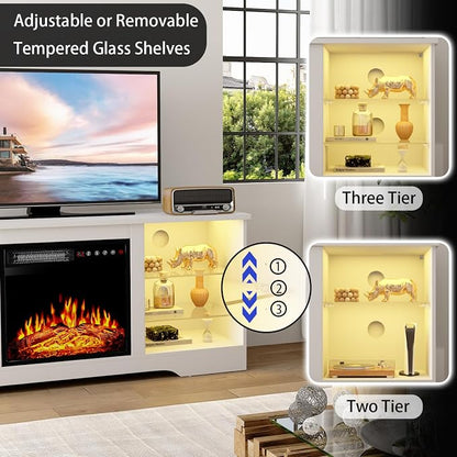 PRETZI Fireplace TV Stand with 18" Fireplace Up to 65" TVs, 58" Entertainment Center with LED Lights, TV Media Console with Adjustable Glass Shelves and Storage Cabinets for Living Room, White