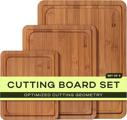 ROYAL CRAFT WOOD Wooden Cutting Boards for Kitchen Meal Prep & Serving - Bamboo Non Toxic Cutting Board Set with Deep Juice Groove Side Handles - Charcuterie & Chopping Butcher Block for Meat (3 Pcs)