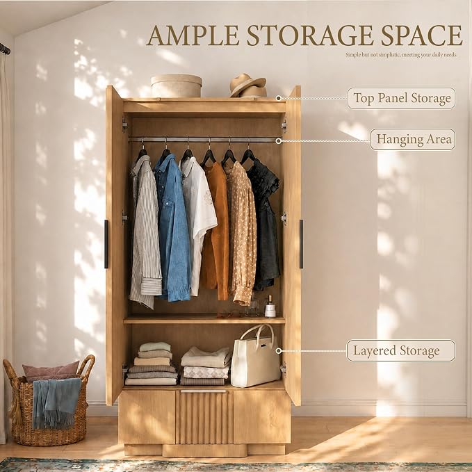 Yechen 67" Fluted Armoire Wardrobe Closet with Doors and Drawer, Wooden Wardrobe Closet Cabinet with Adjustable Shelve, Modern Small Armoires Storage Clothes, Coats for Bedroom, Natural