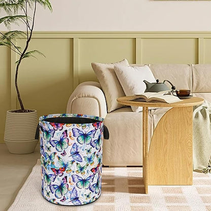 Colorful Butterfly Laundry Basket Funny Foldable Waterproof Oxford Cloth Tote Bag Laundry Hamper Round Large Clothes Storage Bucket Toy Organizer For Bathroom/Laundry Storage/Bedroom 18.9x16.5 Inch