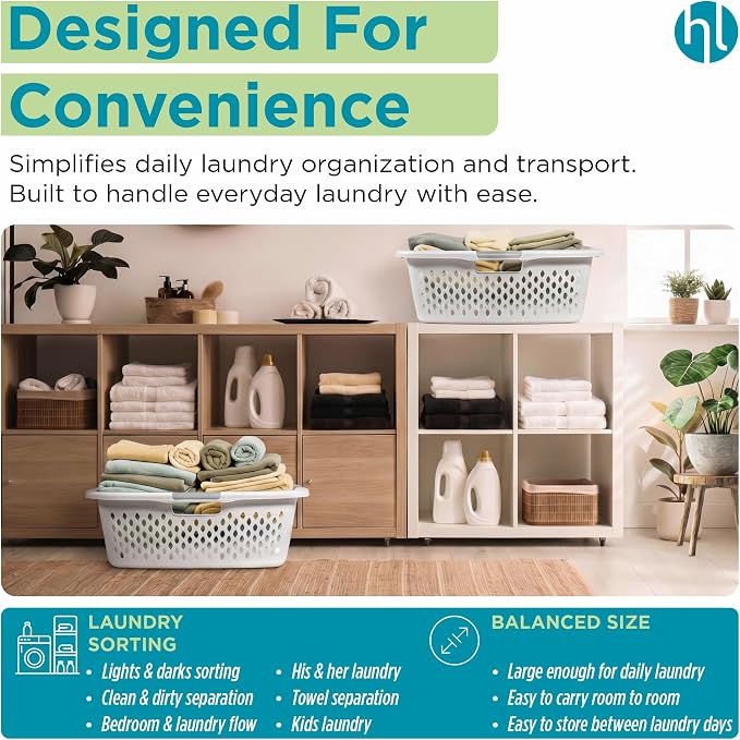 Home Logic 1.5 Bushel Plastic Laundry Basket Front Load, Large Laundry Hamper with Handles, Ventilated Clothes Organizer for Bedroom Bathroom Closet, 4 Pack, White