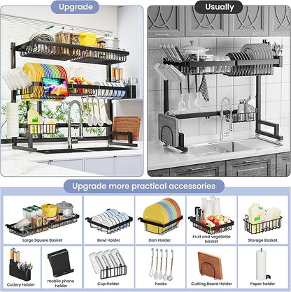 ADBIU Over The Sink Dish Drying Rack (Expandable Height and Length) Snap-On Design 2 Tier Large Dish Rack 31-39.4L x 12W x 34-38H inches