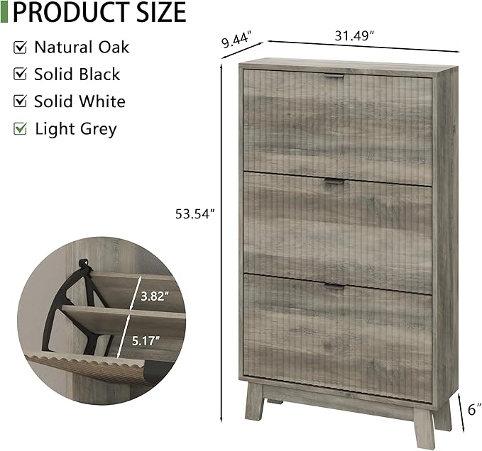 Shoe Cabinet with 3 Flip Drawers, 54" Tall Narrow Fluted Shoe Storage Organizer for Entryway, Hidden Slim Wooden Shoe Rack Cabinet for Front Door Entrance, Hallway, Living Room, Light Grey