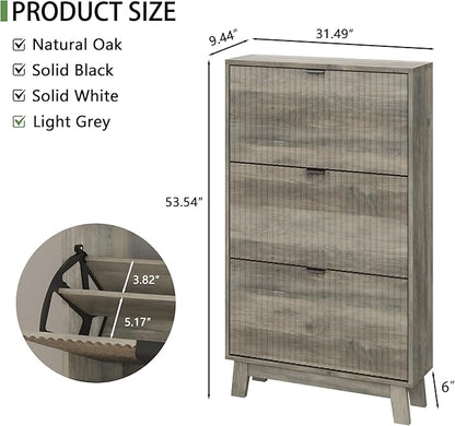 Shoe Cabinet with 3 Flip Drawers, 54" Tall Narrow Fluted Shoe Storage Organizer for Entryway, Hidden Slim Wooden Shoe Rack Cabinet for Front Door Entrance, Hallway, Living Room, Light Grey