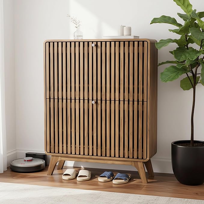 Fluted Narrow Shoe Cabinet for Entryway, Slim Wood Shoe Storage Cabinet with Flip Drawers, Bamboo Thin Shoe Rack Organizer for Entry Way, Hallway, Hidden, Walnut