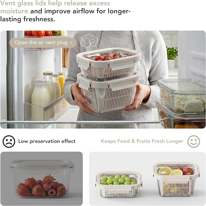 GENICOOK Glass Fruit Storage Containers for Fridge, 2 Pack Produce Containers with Removable Colanders & Vent Glass Lids, Airtight Fruit & Vegetable Storage, BPA Free Borosilicate Glass