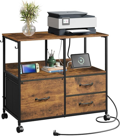 DEVAISE 3 Drawer Mobile File Cabinet, Rolling Printer Stand with Storage Shelf, Fabric Lateral Filing Cabinet fits A4 or Letter Size, Adjustable Shelf for Home Office, Rustic Brown