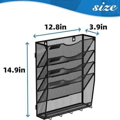 Gawerk 5-Tier Wall File Organizer Hanging Wall File Holder Wall Mount Paper Folder Organize, Mesh Magazine Document Mail Organizer for Office School Home, Black